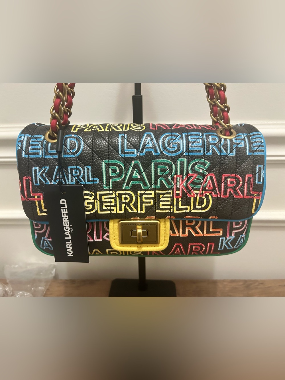 Karl Lagerfeld Black Multicolor Logo Chain Shoulder Bag - Picture 4 of 10